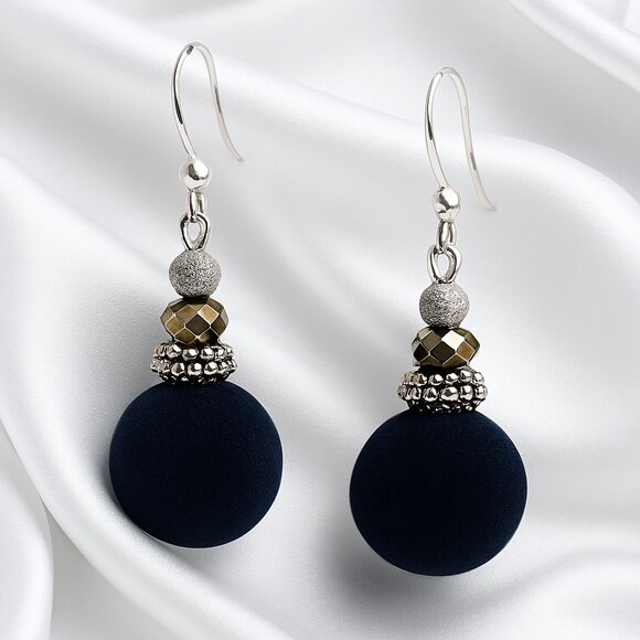 Navy Velvet Bead Drop Earrings – Olive-Gold Crystal Handmade Statement Jewelry - Picture 1 of 8